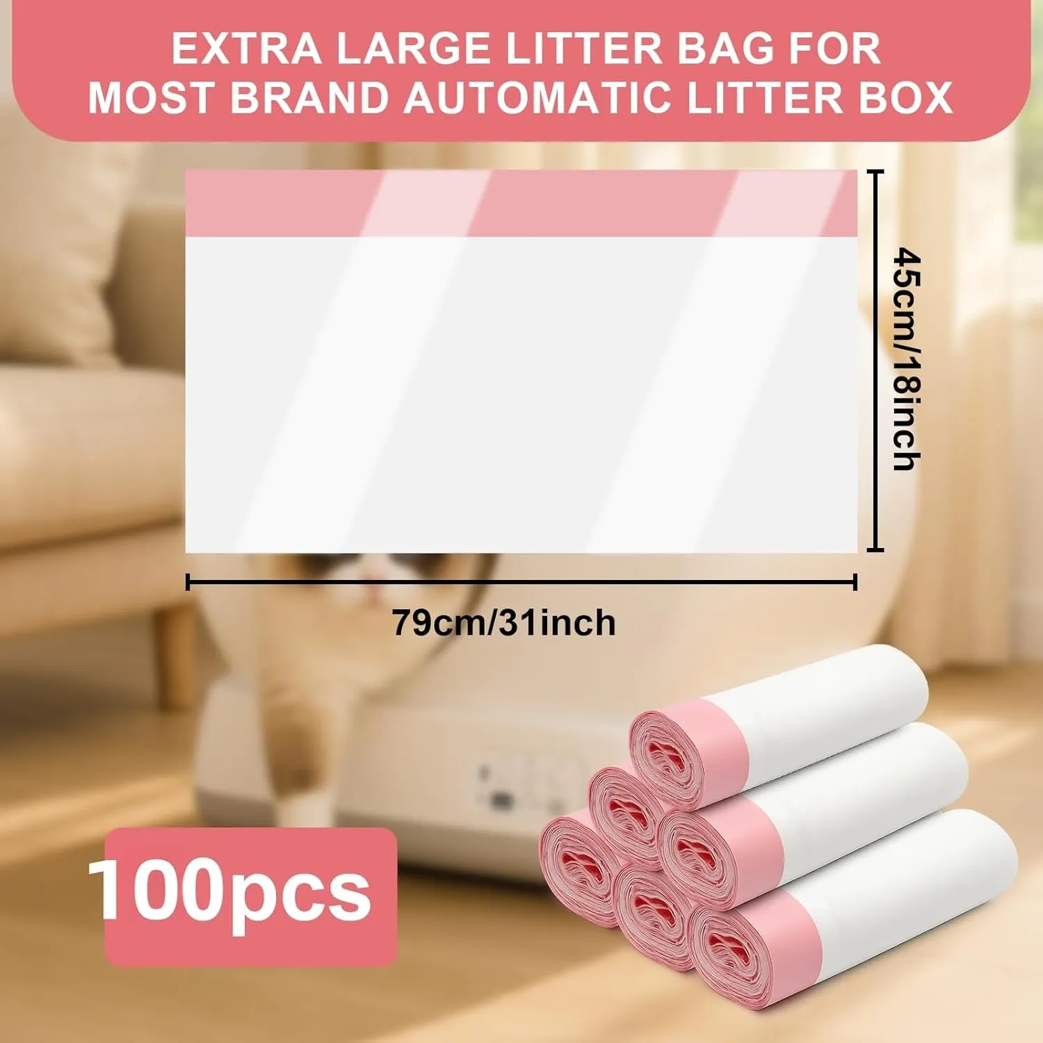 100Pack Cat Litter Box Liners, 31inx18in Cat Litter Bags Waste Replacement Compatible with Thmxit Automatic Litter Box, Heavy Duty Extra Thick Drawstring Litter Bags