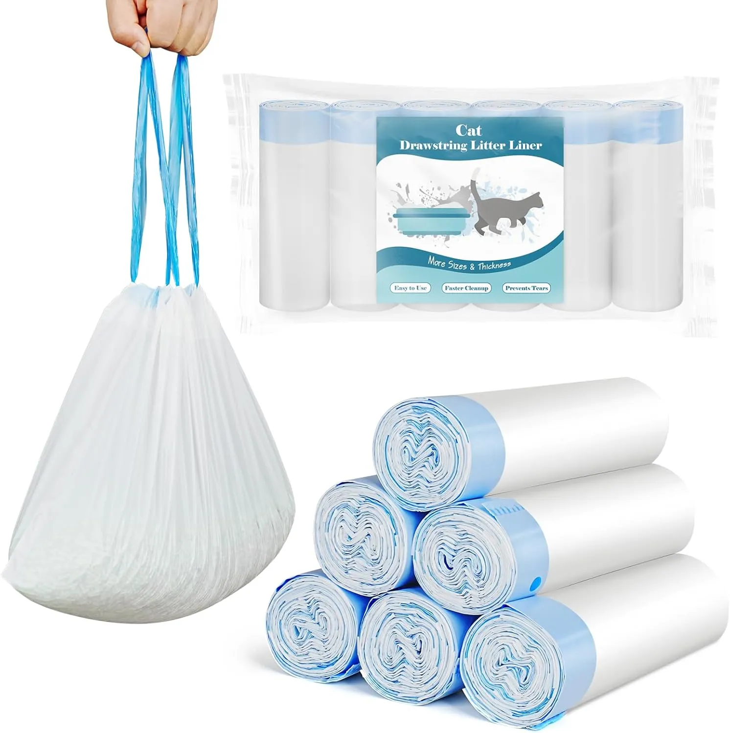120 Count Cat Litter Box Liners for Drawstring Closure, Heavy Duty Leak-Proof, Tear-Resistant & Odor Control for Self-Cleaning Litter Boxes Fits,M(25.2"x15.7") Blue