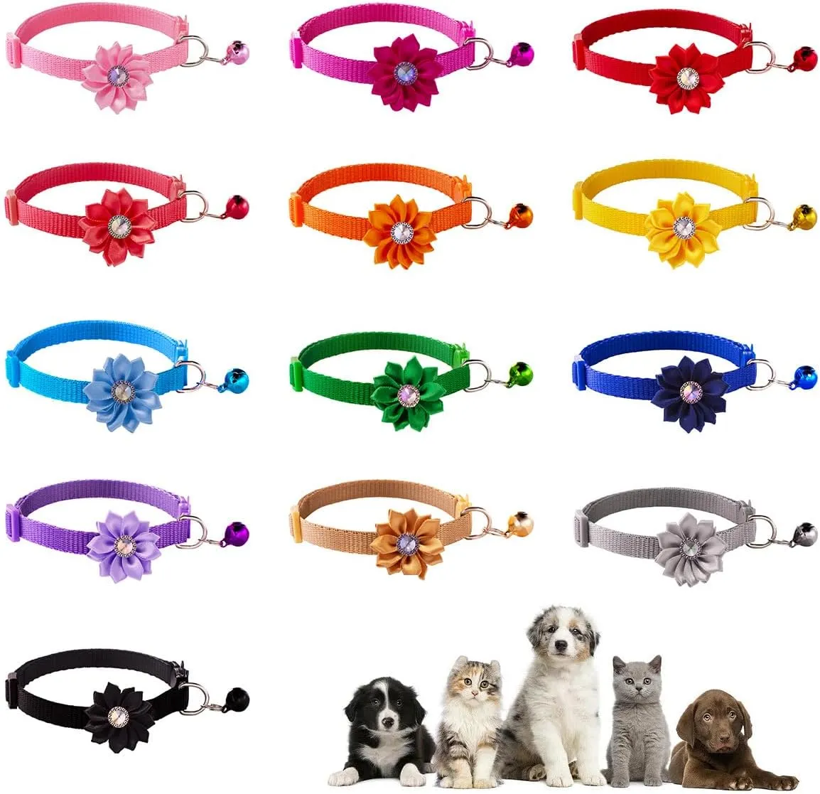 13Pcs Puppy Collars, Cat ID Collars with Bell Adjustable 19-32cm, Flower Soft Nylon Adjustable Breakaway Identification Collars for Puppy Kittens(Breakaway)