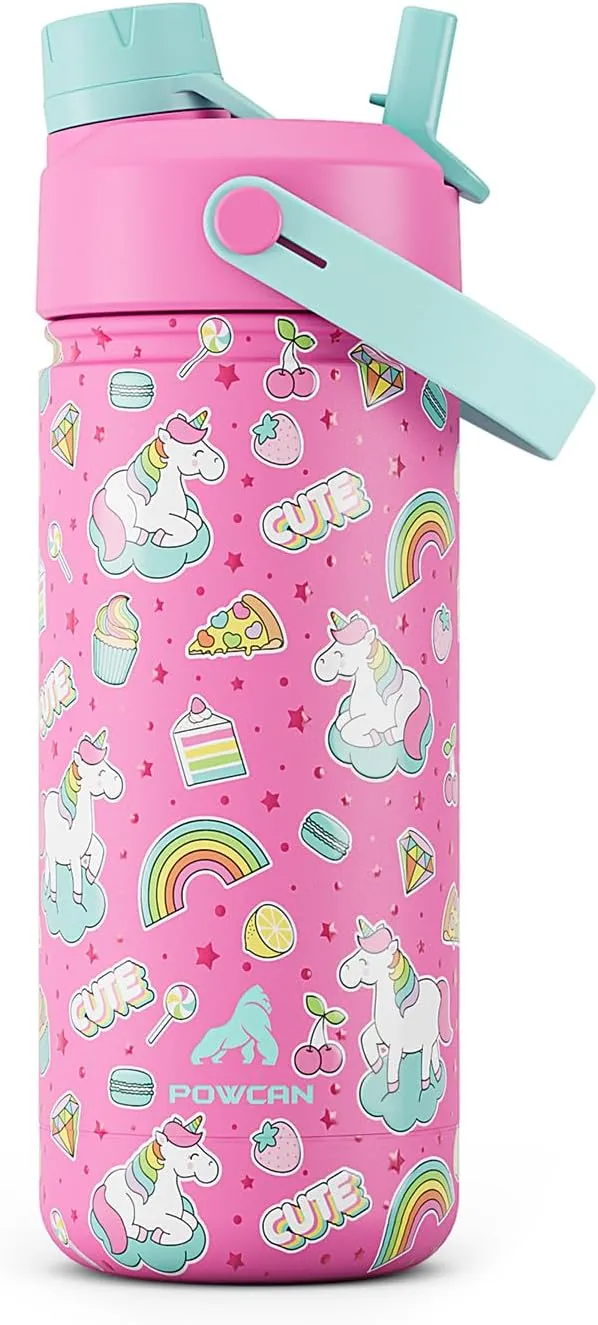 18 oz Kids Water Bottle for School: Leakproof, 2-in-1 Straw Spout Lid, BPA-Free, Easy Carry, Keep Cold 24H, Insulated Stainless Steel Cup for Backpack, Sports, Camping, Trip, Gift, Home (Cute Unicorn)