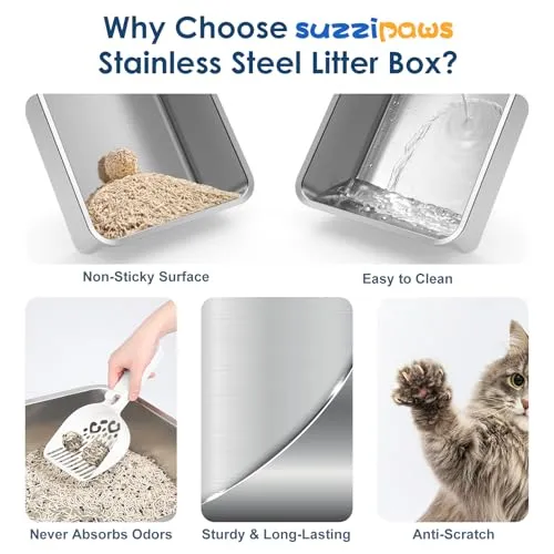2 Pack 23.6" x 15.7" x 6" Deep & Extra Large Stainless Steel Cat Litter Boxes, High Sides Metal Cat Litter Box for Multi-Cats Big Cats XL Metal Litter Pan Tray, Non-Sticky, Easy Cleaning