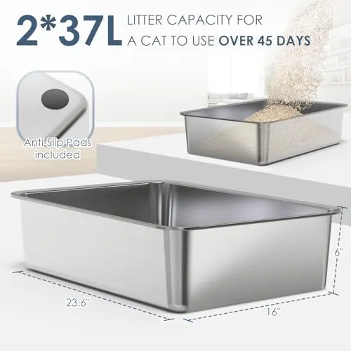 2 Pack 23.6" x 15.7" x 6" Deep & Extra Large Stainless Steel Cat Litter Boxes, High Sides Metal Cat Litter Box for Multi-Cats Big Cats XL Metal Litter Pan Tray, Non-Sticky, Easy Cleaning