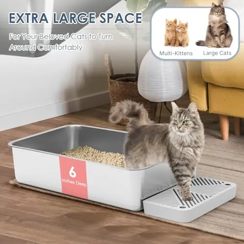 2 Pack 23.6" x 15.7" x 6" Deep & Extra Large Stainless Steel Cat Litter Boxes, High Sides Metal Cat Litter Box for Multi-Cats Big Cats XL Metal Litter Pan Tray, Non-Sticky, Easy Cleaning