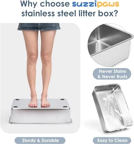 2 Pack 23.6" x 15.7" x 6" Deep & Extra Large Stainless Steel Cat Litter Boxes, High Sides Metal Cat Litter Box for Multi-Cats Big Cats XL Metal Litter Pan Tray, Non-Sticky, Easy Cleaning