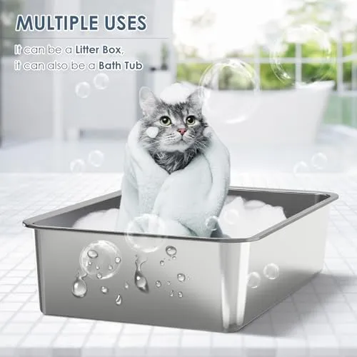 2 Pack 23.6" x 15.7" x 6" Deep & Extra Large Stainless Steel Cat Litter Boxes, High Sides Metal Cat Litter Box for Multi-Cats Big Cats XL Metal Litter Pan Tray, Non-Sticky, Easy Cleaning