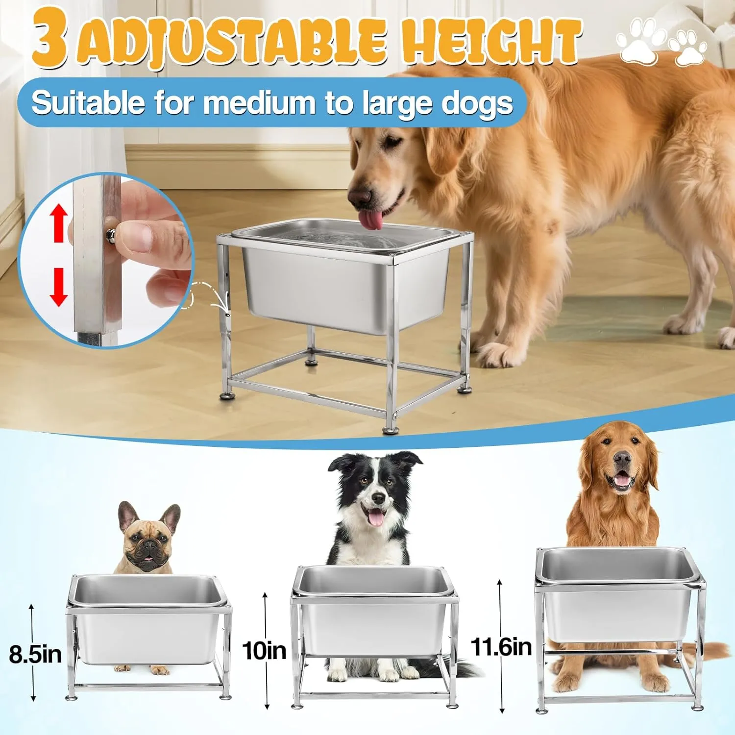 3 Gallons Large Elevated Dog Water Bowl - 3 Height Adjustable (8.5'', 10'', 11.6'') Raised Stand, Stainless Steel Dog Bowl for Medium Large Dogs Relief Joint Pressure