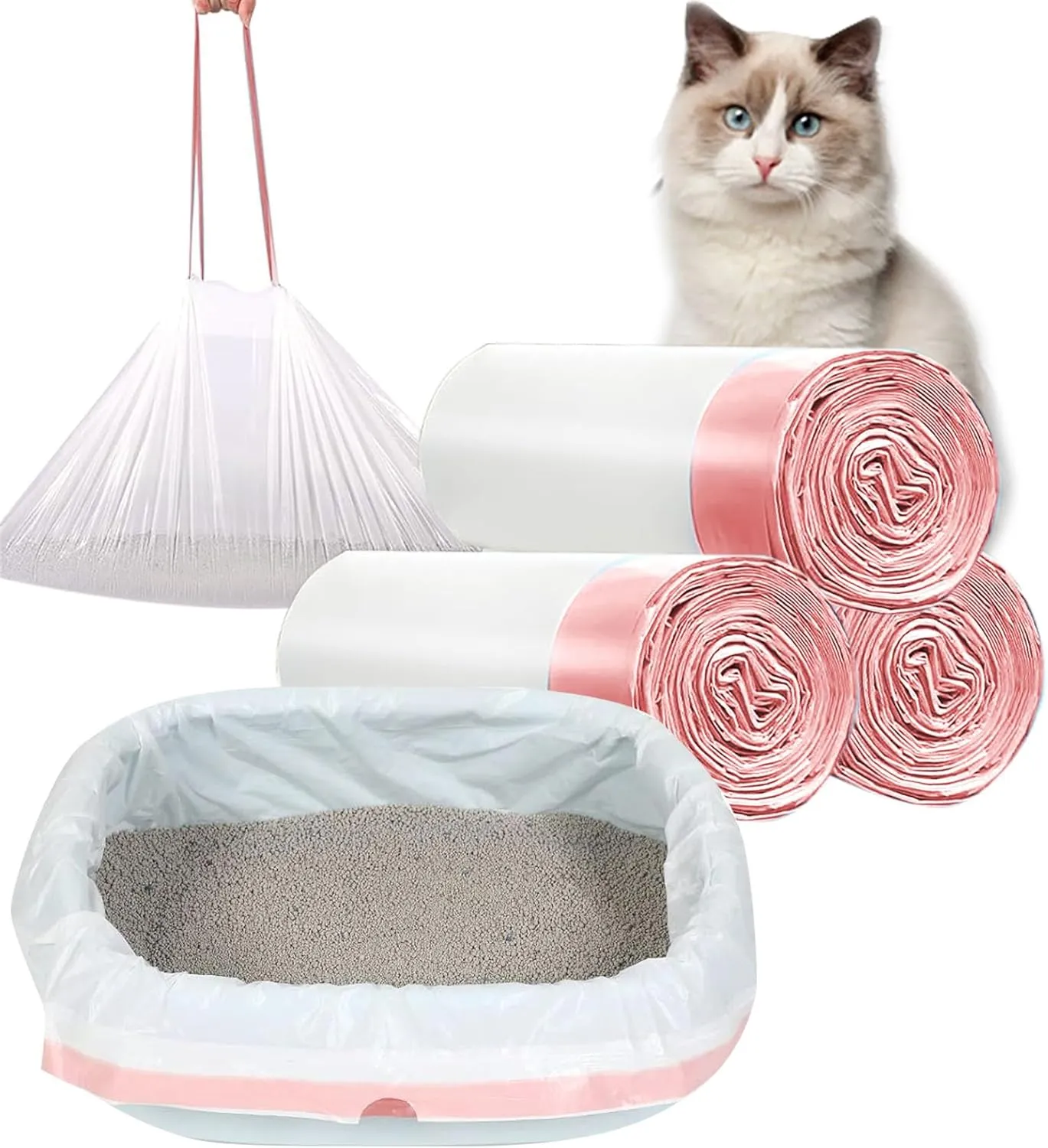 30 Count Large Cat Litter Box Liners 36x18 Drawstring Cat Litter Bags 2Mil Thick Durable 20-Pound Capacity for Self Cleaning Litter Boxes Waterproof, Easy Clean Up (White 30Count)