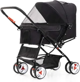 4 Wheel Dog Strollers for Medium Small Dogs Cat/Dog Stroller Easy One-Hand Fold Reversible Push Handle Pet Stroller Puppy & Kitten Carrier Extended Cockpit (Black)