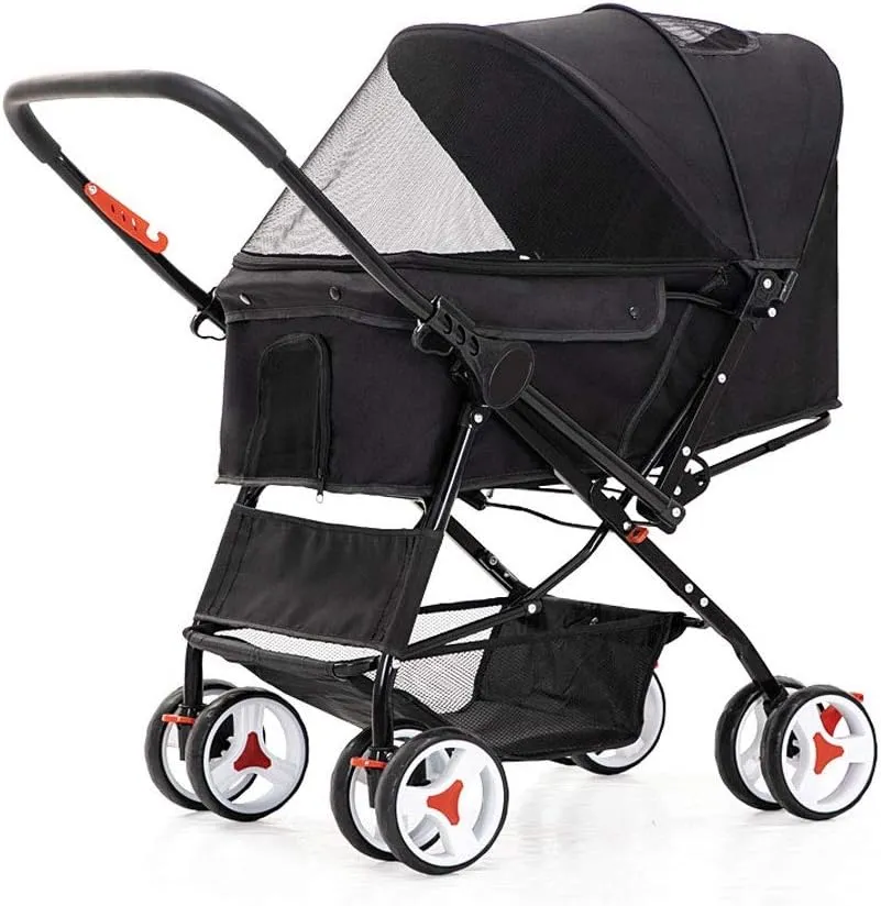 4 Wheel Dog Strollers for Medium Small Dogs Cat/Dog Stroller Easy One-Hand Fold Reversible Push Handle Pet Stroller Puppy & Kitten Carrier Extended Cockpit (Black)
