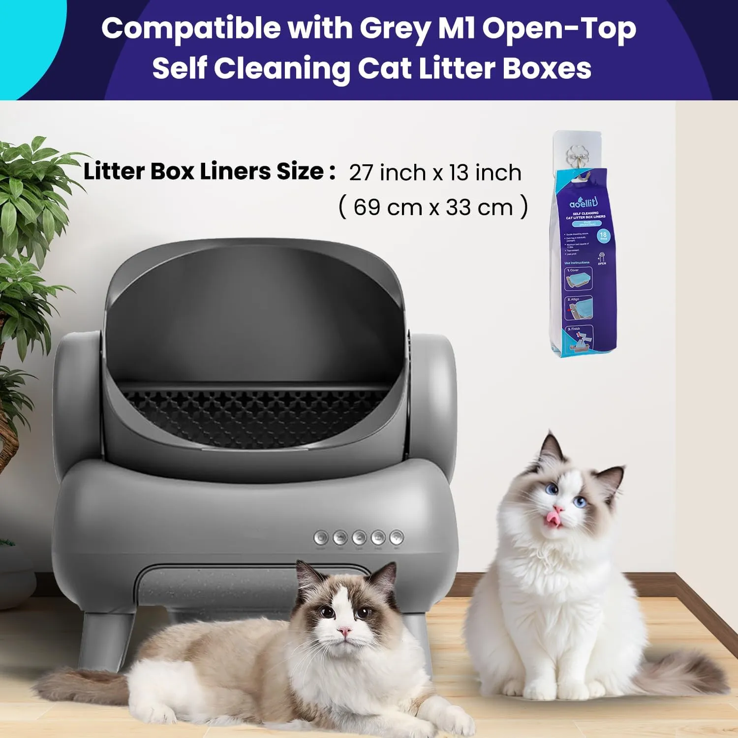54 Count AOELLIT Litter Box Liners for Self Cleaning Litter Box, Pre-Separated Litter Robot Bags, 3.5 Mil Thick Drawstring Cat litter Bags, Heavy Duty, Leak-Proof Waste Bags, 27" x 13"