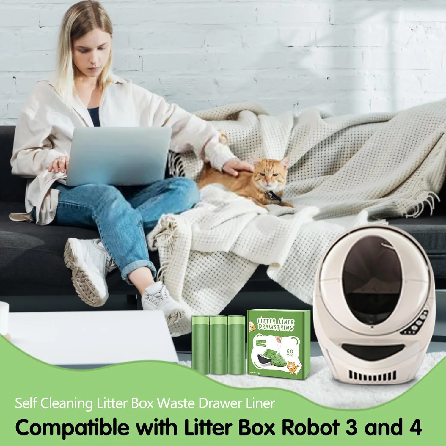 60 Pack Litter Box Bags, Compatible with Self Cleaning Litter Box Scooper Young/Luxury Pro/Litter-Robot 4 and 3, Automatic Litter Box Liners, Replacement Trash Bags with Drawstring, 24" x 29"