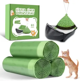 60 Pack Litter Box Bags, Compatible with Self Cleaning Litter Box Scooper Young/Luxury Pro/Litter-Robot 4 and 3, Automatic Litter Box Liners, Replacement Trash Bags with Drawstring, 24" x 29"