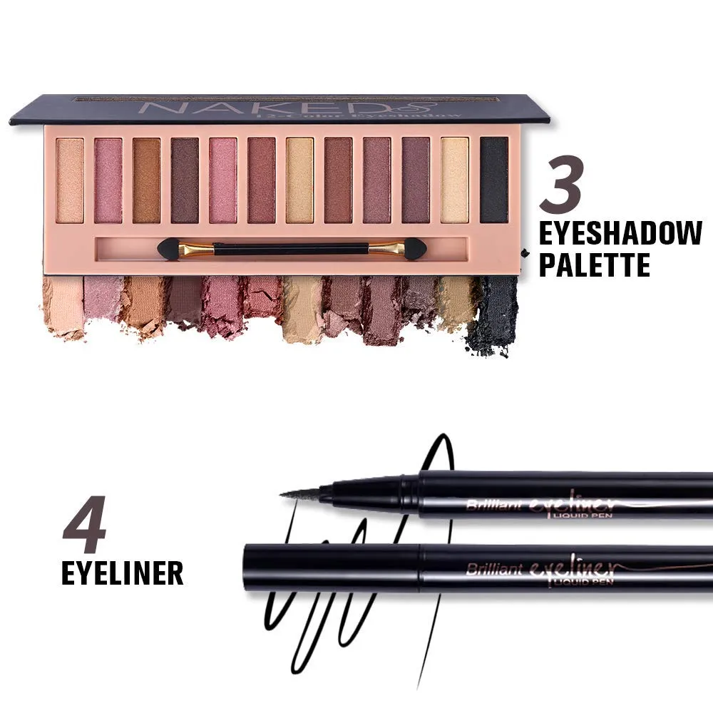 All in One Makeup Gift Set -12 Colors Eyeshadow Palette   Waterproof Black Eyeliner Pencil   Duo Pressed Eyebrow Powder Kit   5 Brushes and Quicksand Silver Cosmetic Bag