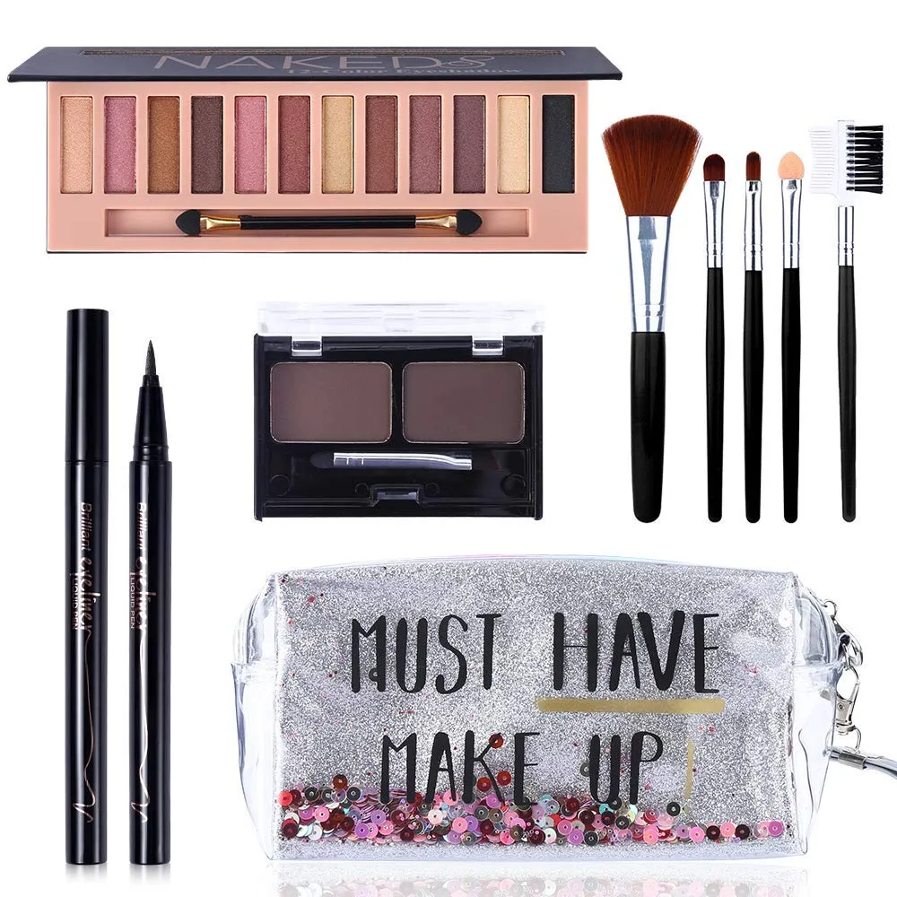 All in One Makeup Gift Set -12 Colors Eyeshadow Palette   Waterproof Black Eyeliner Pencil   Duo Pressed Eyebrow Powder Kit   5 Brushes and Quicksand Silver Cosmetic Bag