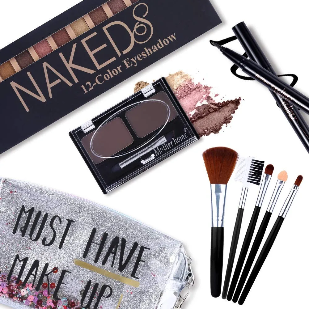 All in One Makeup Gift Set -12 Colors Eyeshadow Palette   Waterproof Black Eyeliner Pencil   Duo Pressed Eyebrow Powder Kit   5 Brushes and Quicksand Silver Cosmetic Bag