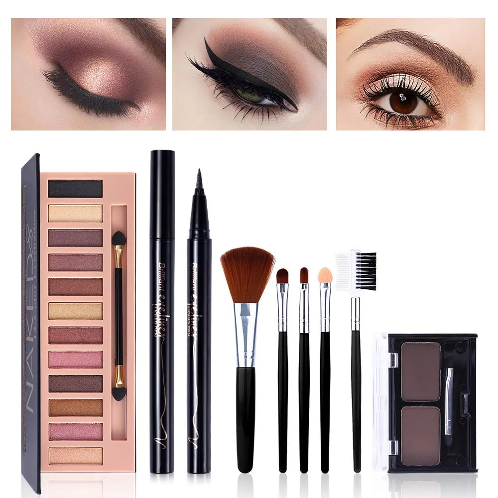 All in One Makeup Gift Set -12 Colors Eyeshadow Palette   Waterproof Black Eyeliner Pencil   Duo Pressed Eyebrow Powder Kit   5 Brushes and Quicksand Silver Cosmetic Bag
