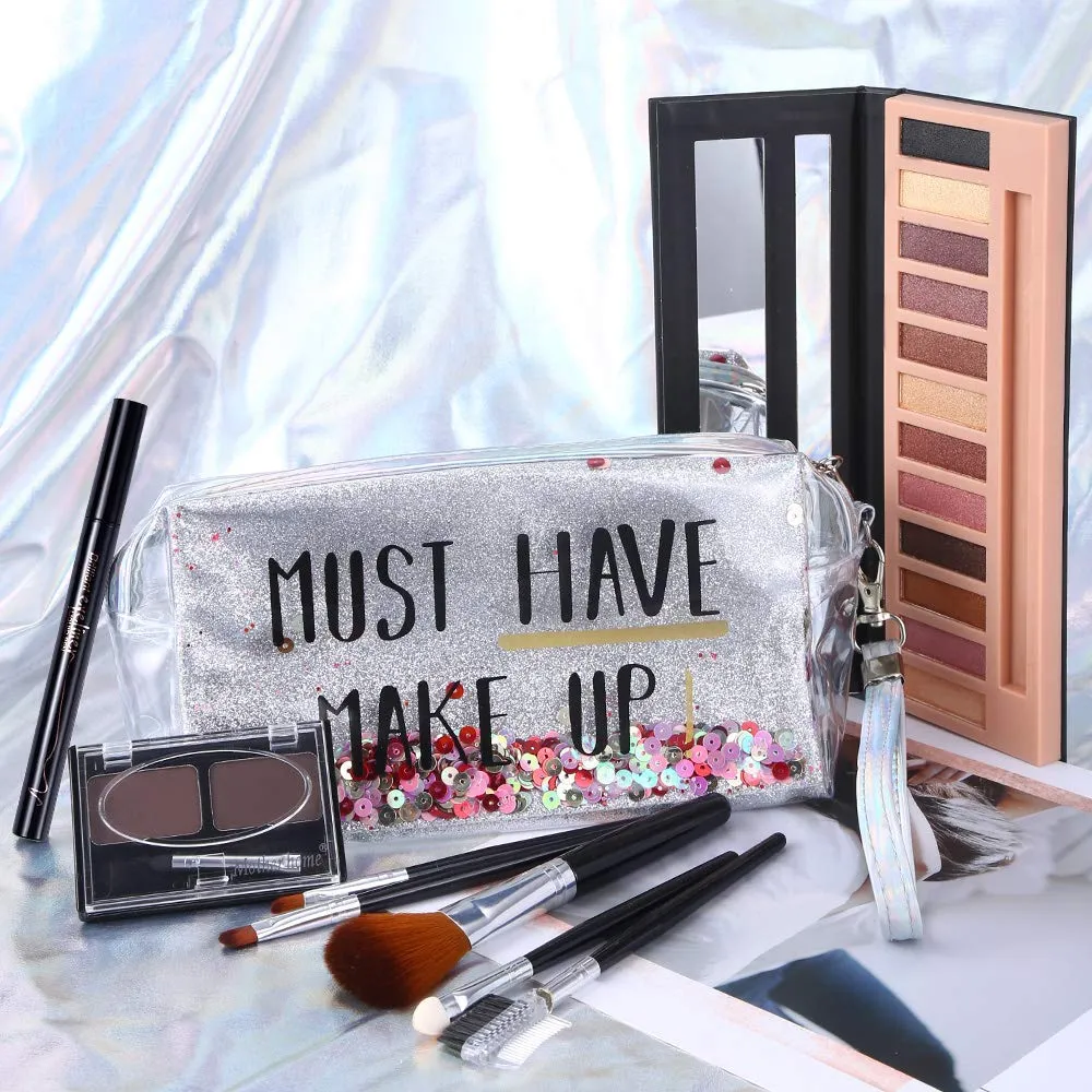 All in One Makeup Gift Set -12 Colors Eyeshadow Palette   Waterproof Black Eyeliner Pencil   Duo Pressed Eyebrow Powder Kit   5 Brushes and Quicksand Silver Cosmetic Bag