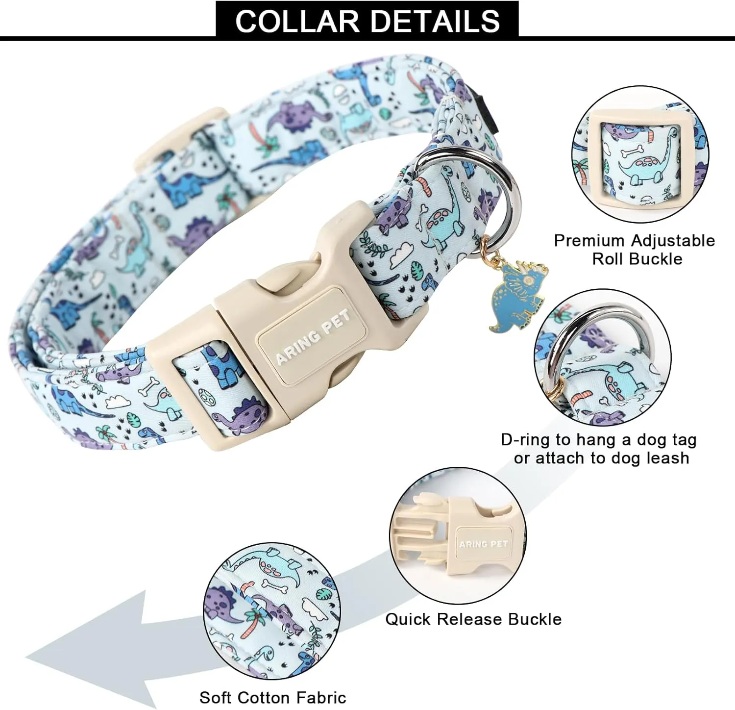ARING PET Dinosaur Dog Collar-Cute Dog Collar for Small Dogs, Adjustable Dinosaur Print Pet Collars Puppy Collar for Small Medium Large Dogs