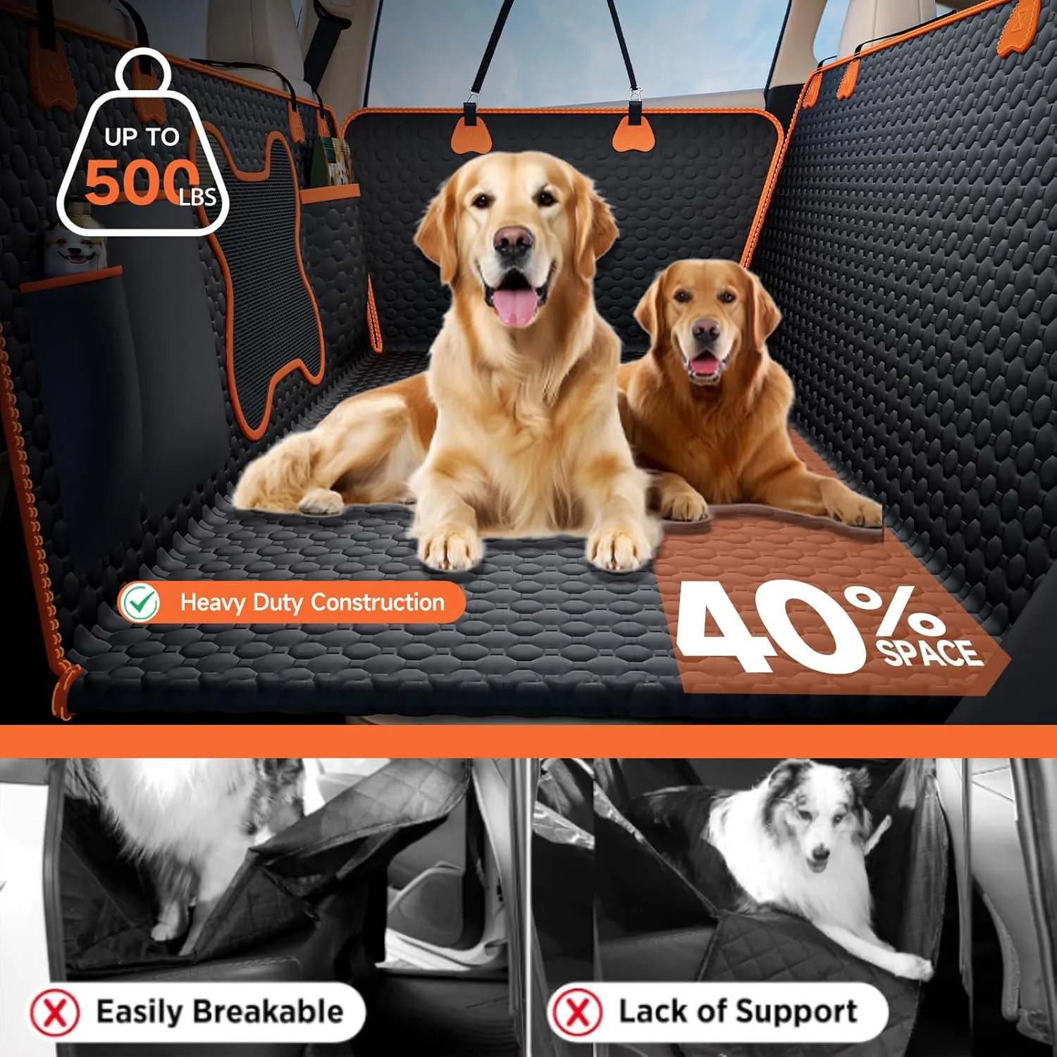 Back Seat Extender for Dogs,Waterproof Back seat pet Cover for Dogs,Hard Bottom Up to 500Lbs Dog car seat Cover for Back seat,Black Large Space Dog Hammock for Car,SUV