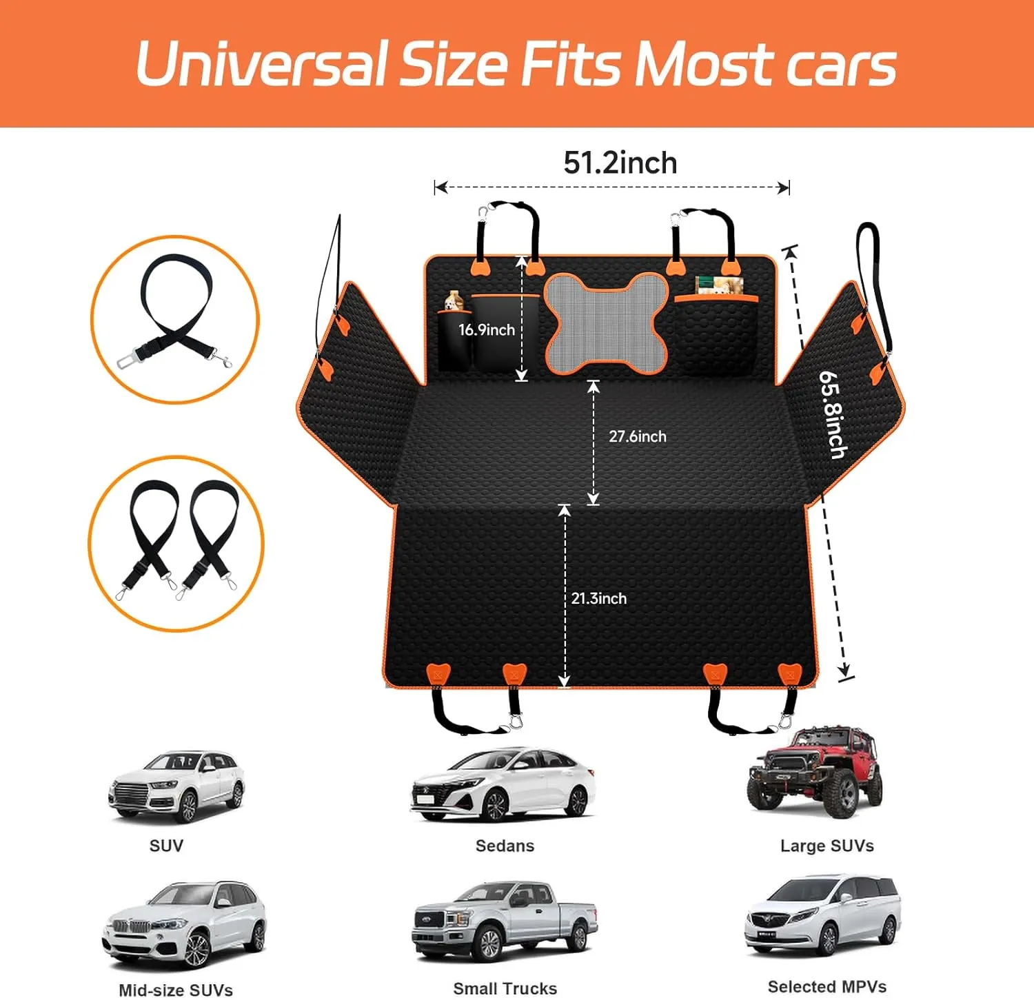Back Seat Extender for Dogs,Waterproof Back seat pet Cover for Dogs,Hard Bottom Up to 500Lbs Dog car seat Cover for Back seat,Black Large Space Dog Hammock for Car,SUV