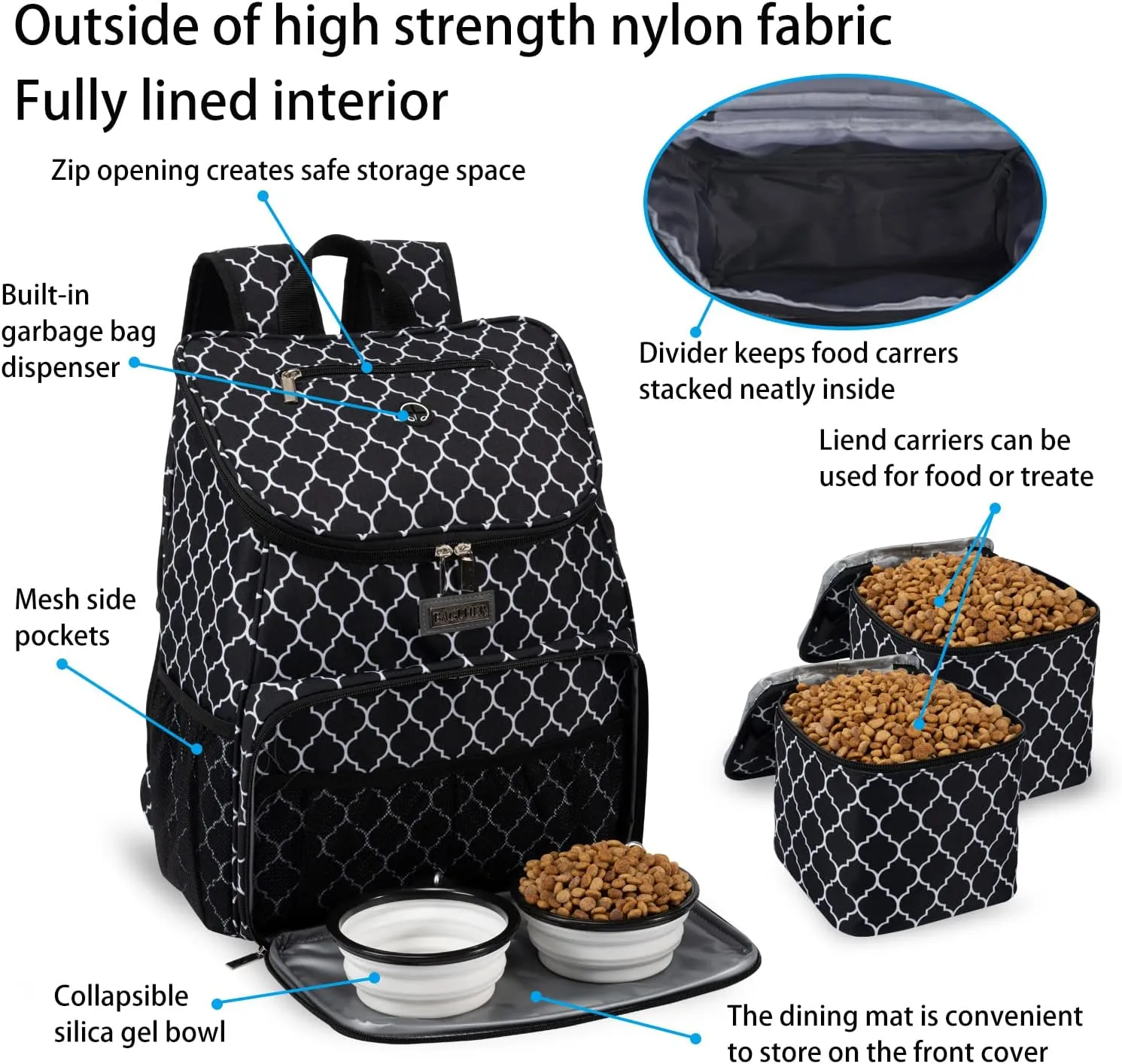 BAGLHERDog Travel Bag, Airline Approved Pet Supplies Backpack, Dog Travel Backpack with 2 Silicone Collapsible Bowls and 2 Food Baskets