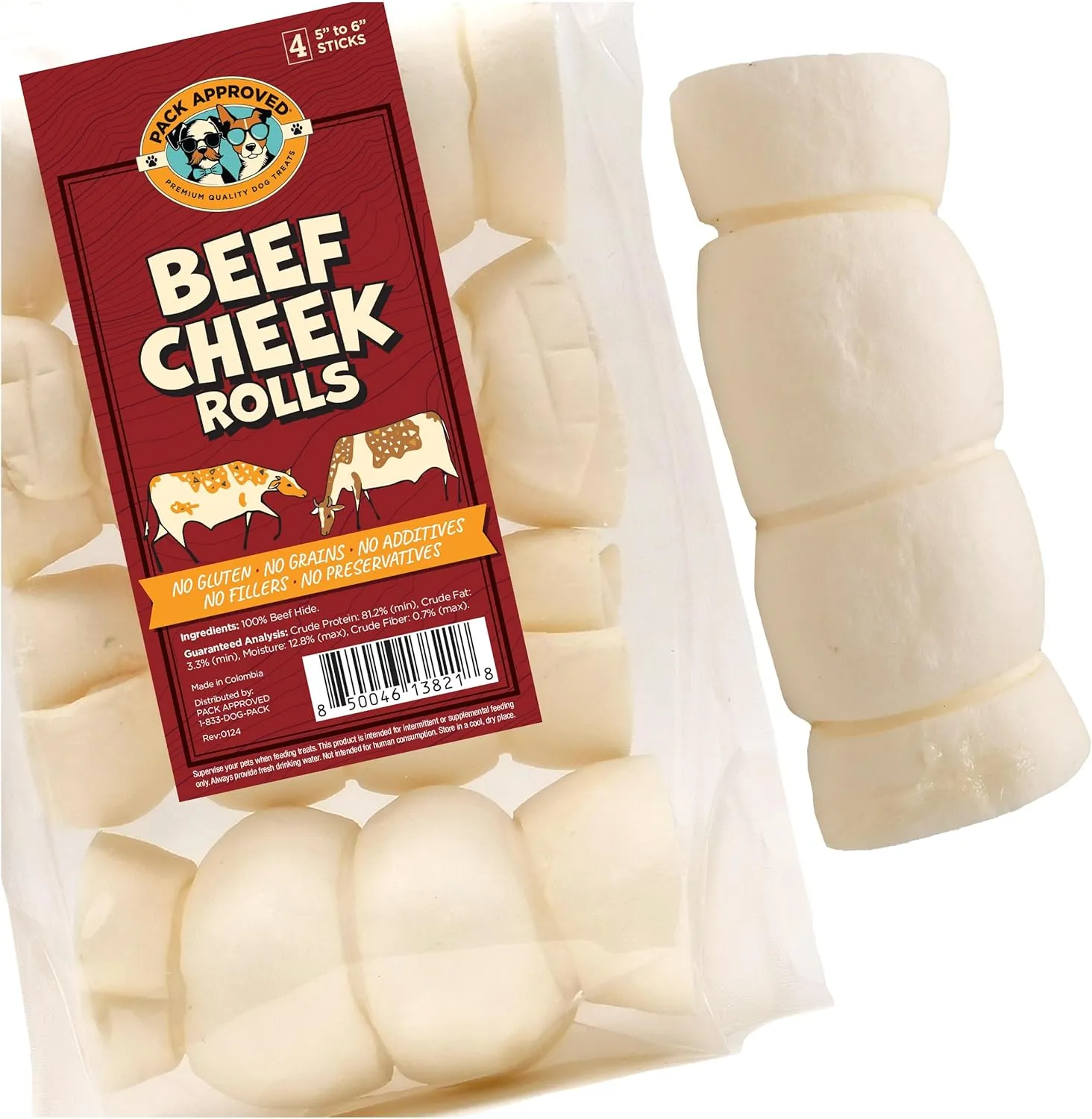 Beef Cheek Rolls for Dogs - Natural & Odor-Free Dog Treats - 5 to 6 Inch Medium Beef Hide Dog Chews - 4 Pack