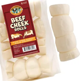 Beef Cheek Rolls for Dogs - Natural & Odor-Free Dog Treats - 5 to 6 Inch Medium Beef Hide Dog Chews - 4 Pack
