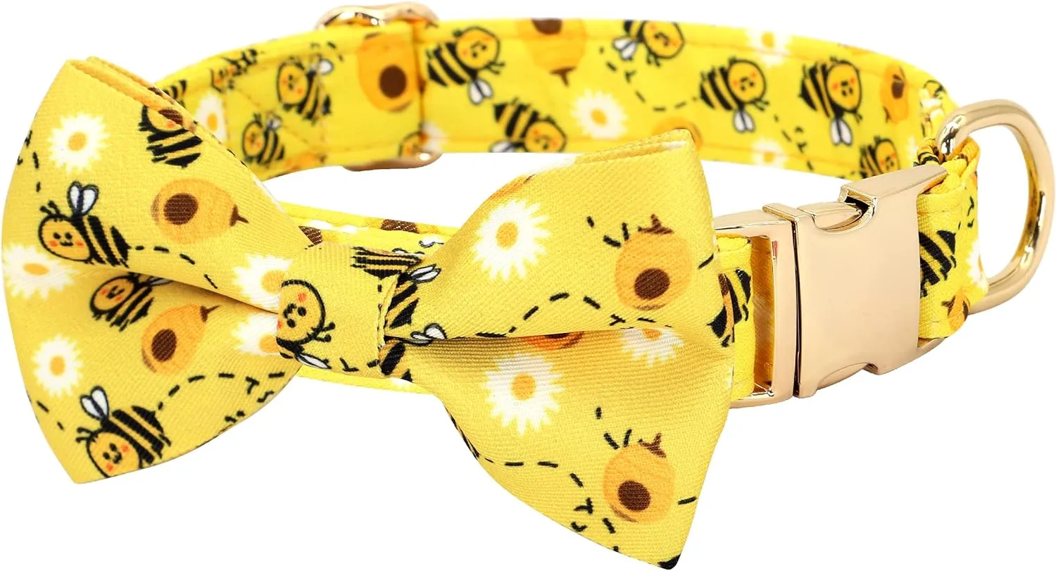 Beirui Cute Girl Dog Collars with Vibrant Floral Patterns, Female Dog Collar with Bowtie for Walking, Durable Adjustable Collar for Small Medium Large Dogs(M, Yellow)