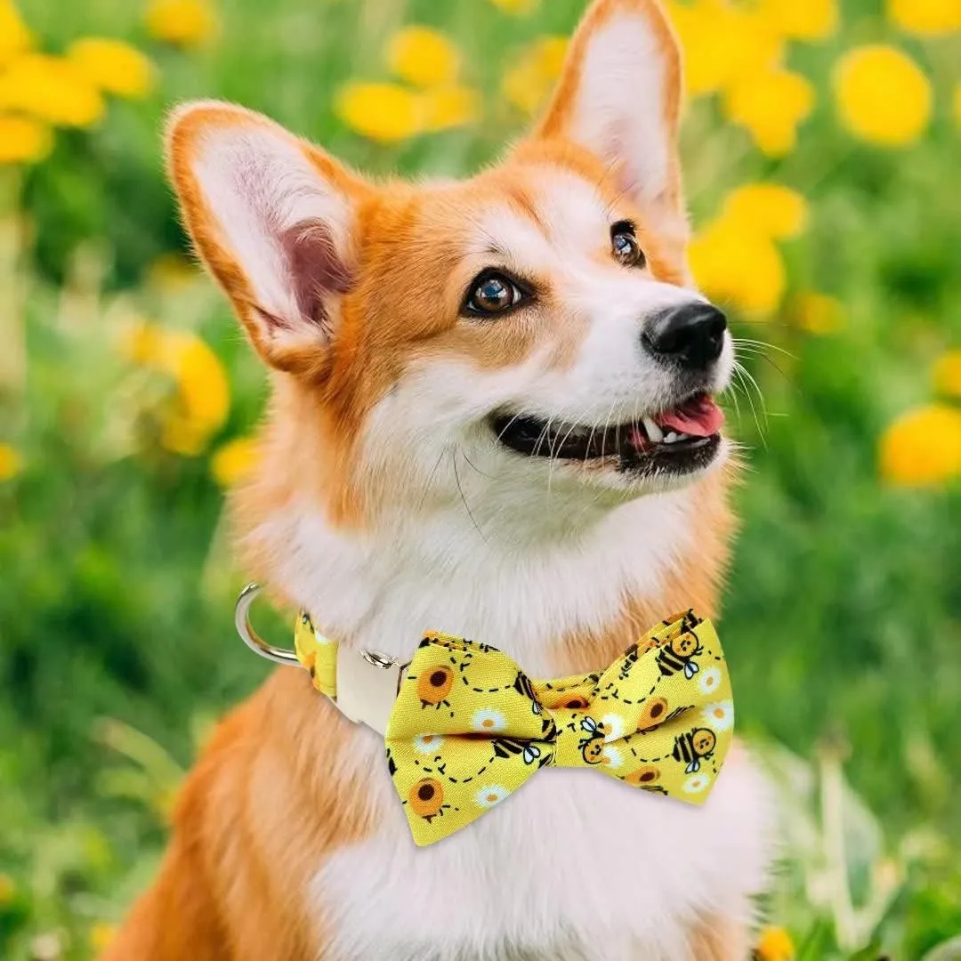 Beirui Cute Girl Dog Collars with Vibrant Floral Patterns, Female Dog Collar with Bowtie for Walking, Durable Adjustable Collar for Small Medium Large Dogs(M, Yellow)