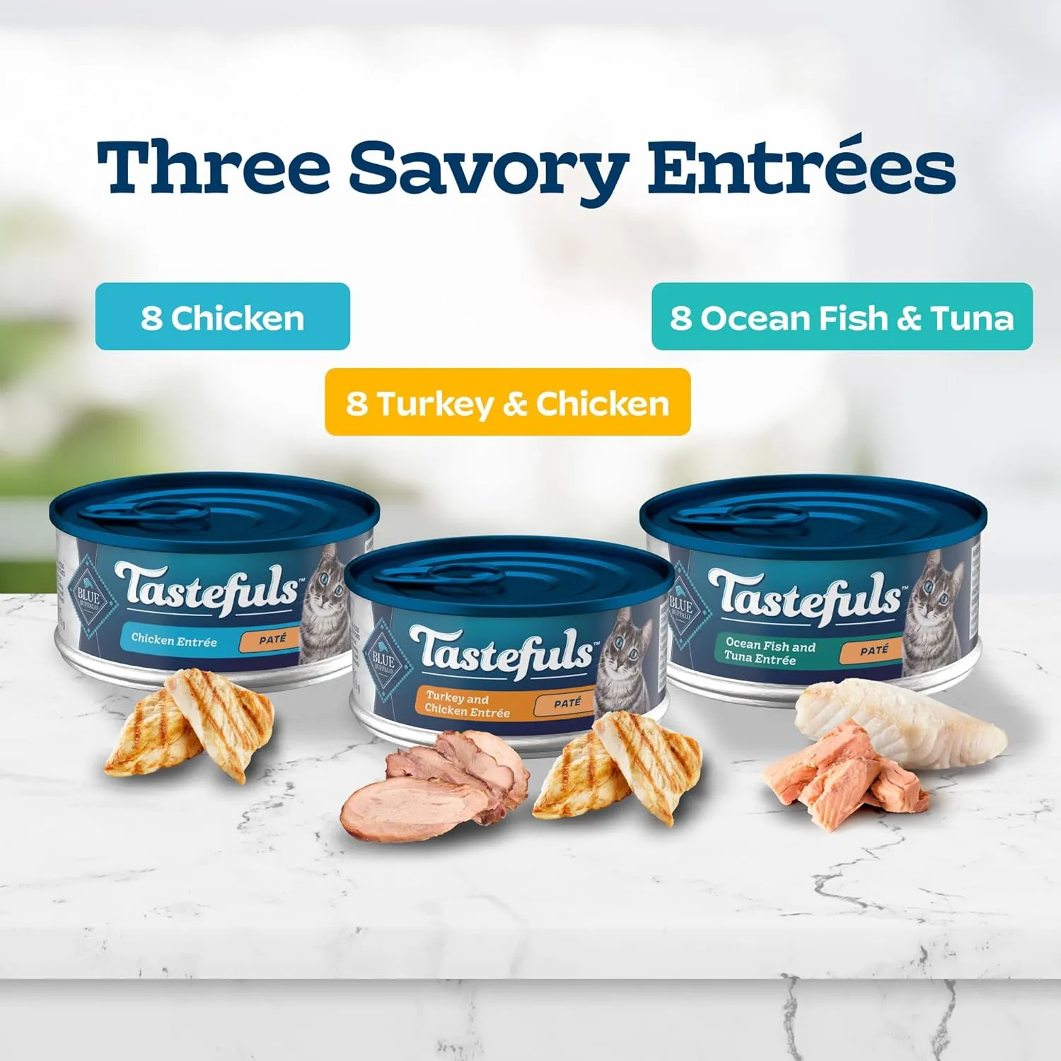 Blue Buffalo Tastefuls Wet Cat Food Pat Variety Pack, Made with Natural Ingredients, Chicken, Turkey & Chicken, Ocean Fish & Tuna Entres, 5.5-oz Cans (24 Count, 8 of Each)