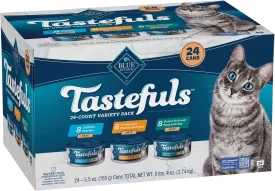 Blue Buffalo Tastefuls Wet Cat Food Pat Variety Pack, Made with Natural Ingredients, Chicken, Turkey & Chicken, Ocean Fish & Tuna Entres, 5.5-oz Cans (24 Count, 8 of Each)
