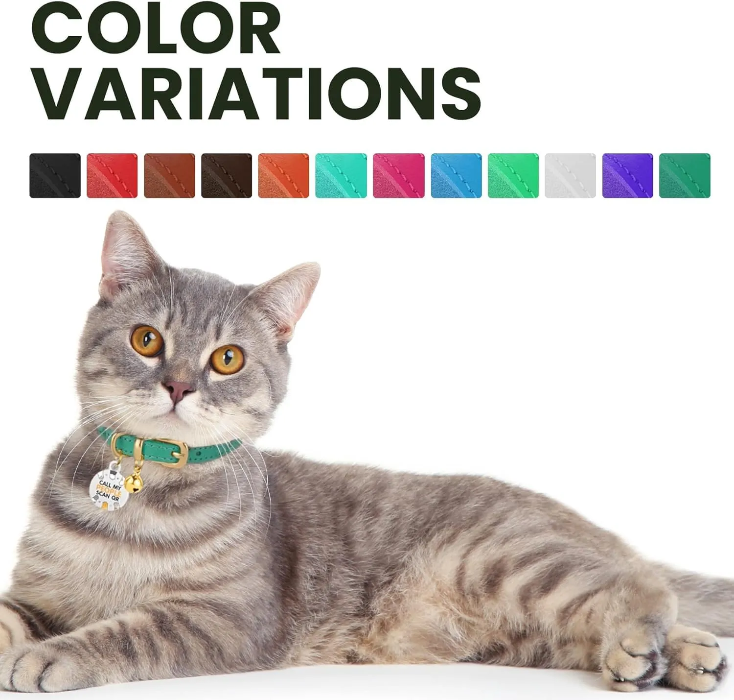 BRONZEDOG Leather Cat Collar with Removable Bells Non Breakaway Kitten QR Tag for Girl Boy (9" - 12" Cats/Mini Dogs, Green & Silver)