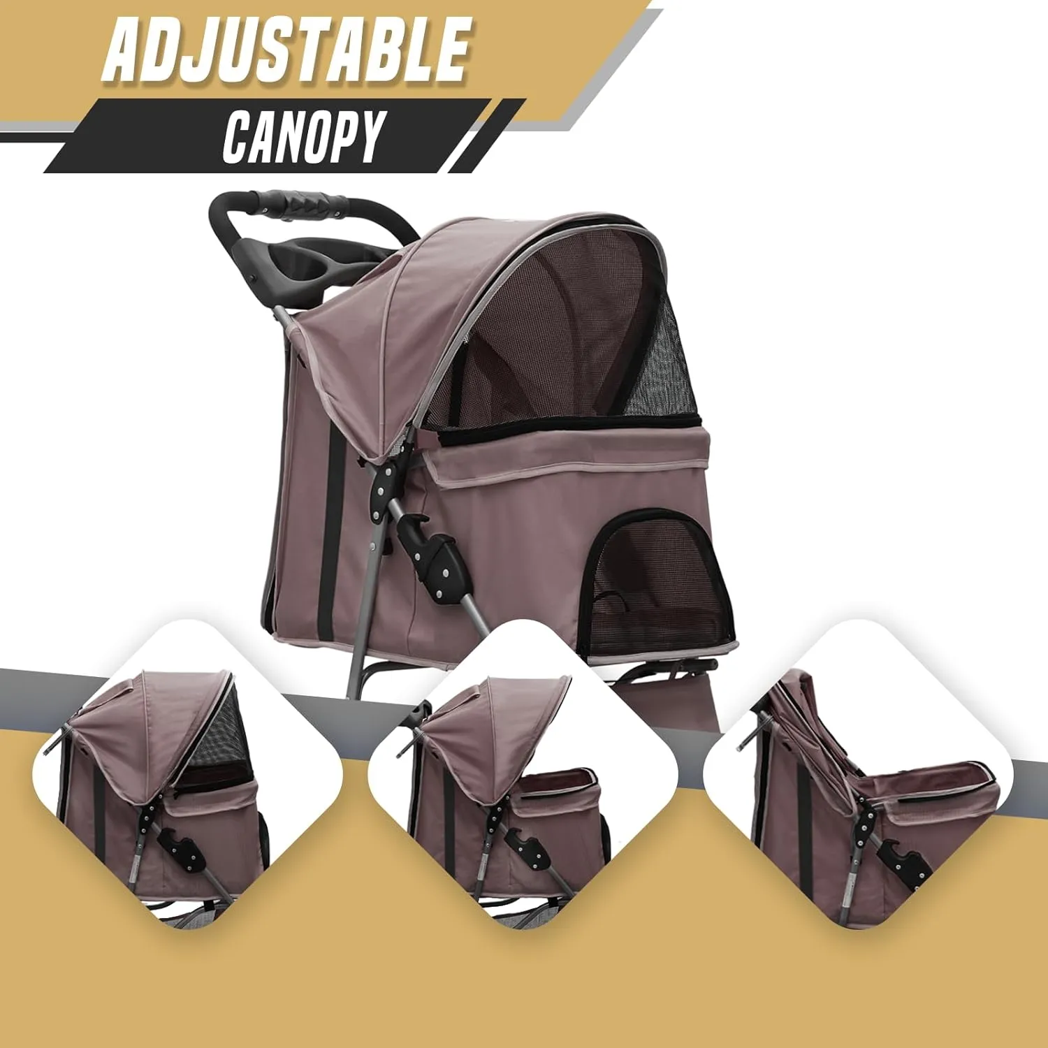 Cat Dog Stroller - 3-Wheels for Medium/Puppy Dogs 30 Lbs, Cats - Foldable With Storage Basket, Cup Holder, Breathable Mesh - Coffee
