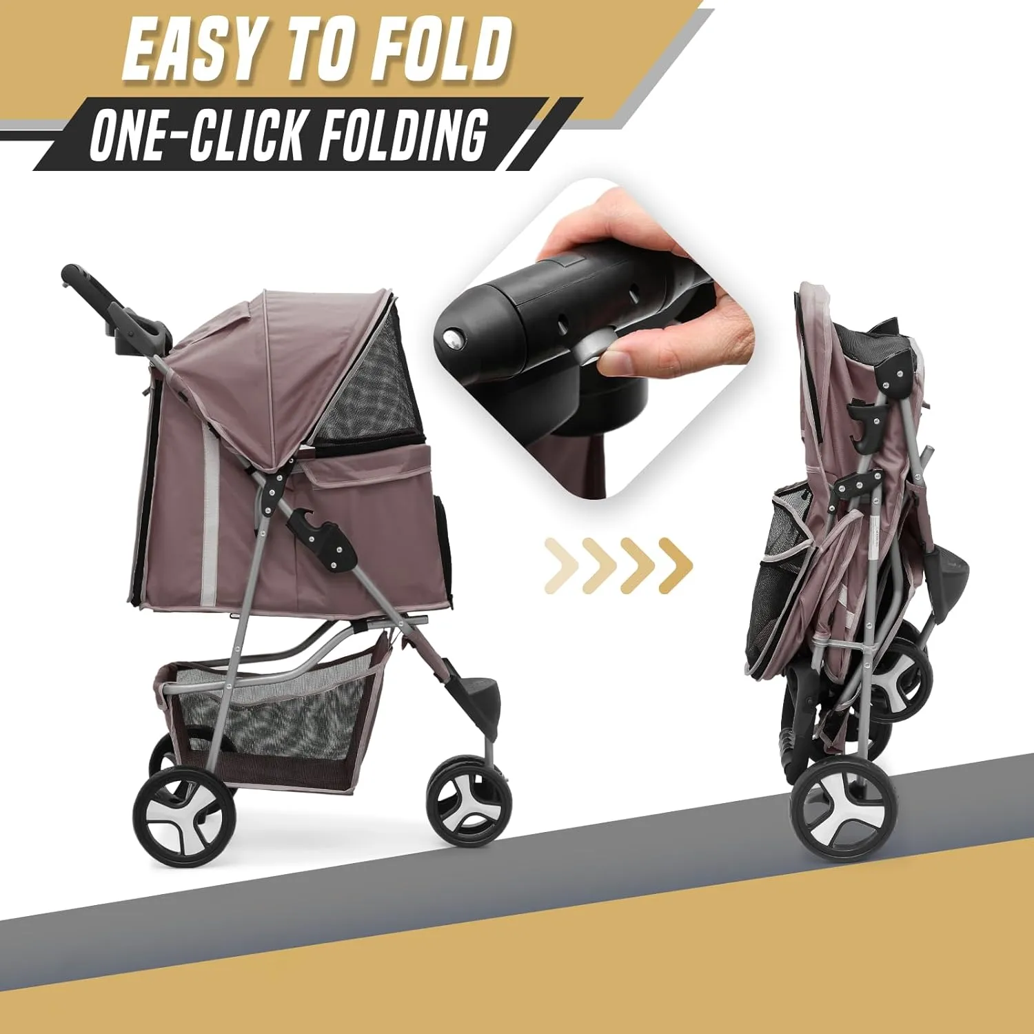 Cat Dog Stroller - 3-Wheels for Medium/Puppy Dogs 30 Lbs, Cats - Foldable With Storage Basket, Cup Holder, Breathable Mesh - Coffee