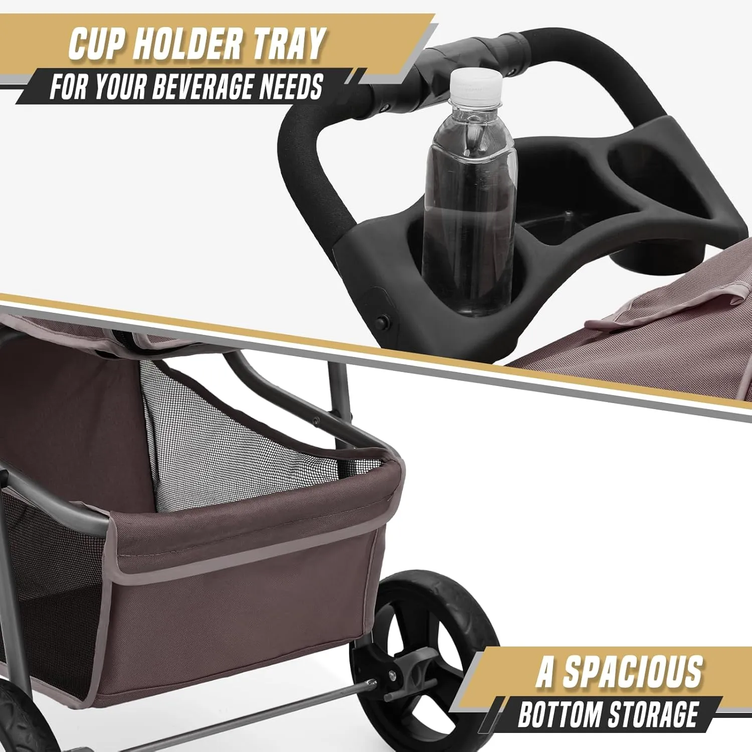 Cat Dog Stroller - 3-Wheels for Medium/Puppy Dogs 30 Lbs, Cats - Foldable With Storage Basket, Cup Holder, Breathable Mesh - Coffee