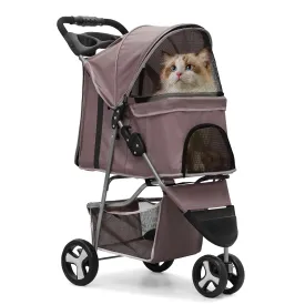 Cat Dog Stroller - 3-Wheels for Medium/Puppy Dogs 30 Lbs, Cats - Foldable With Storage Basket, Cup Holder, Breathable Mesh - Coffee