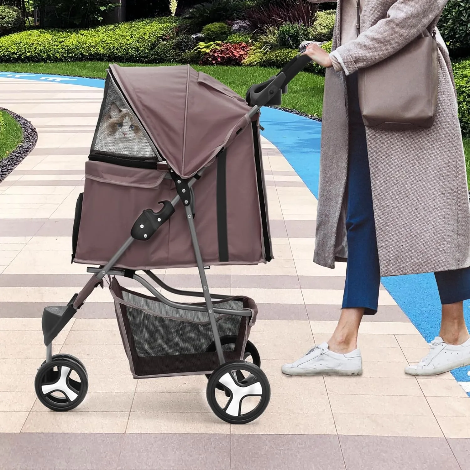 Cat Dog Stroller - 3-Wheels for Medium/Puppy Dogs 30 Lbs, Cats - Foldable With Storage Basket, Cup Holder, Breathable Mesh - Coffee