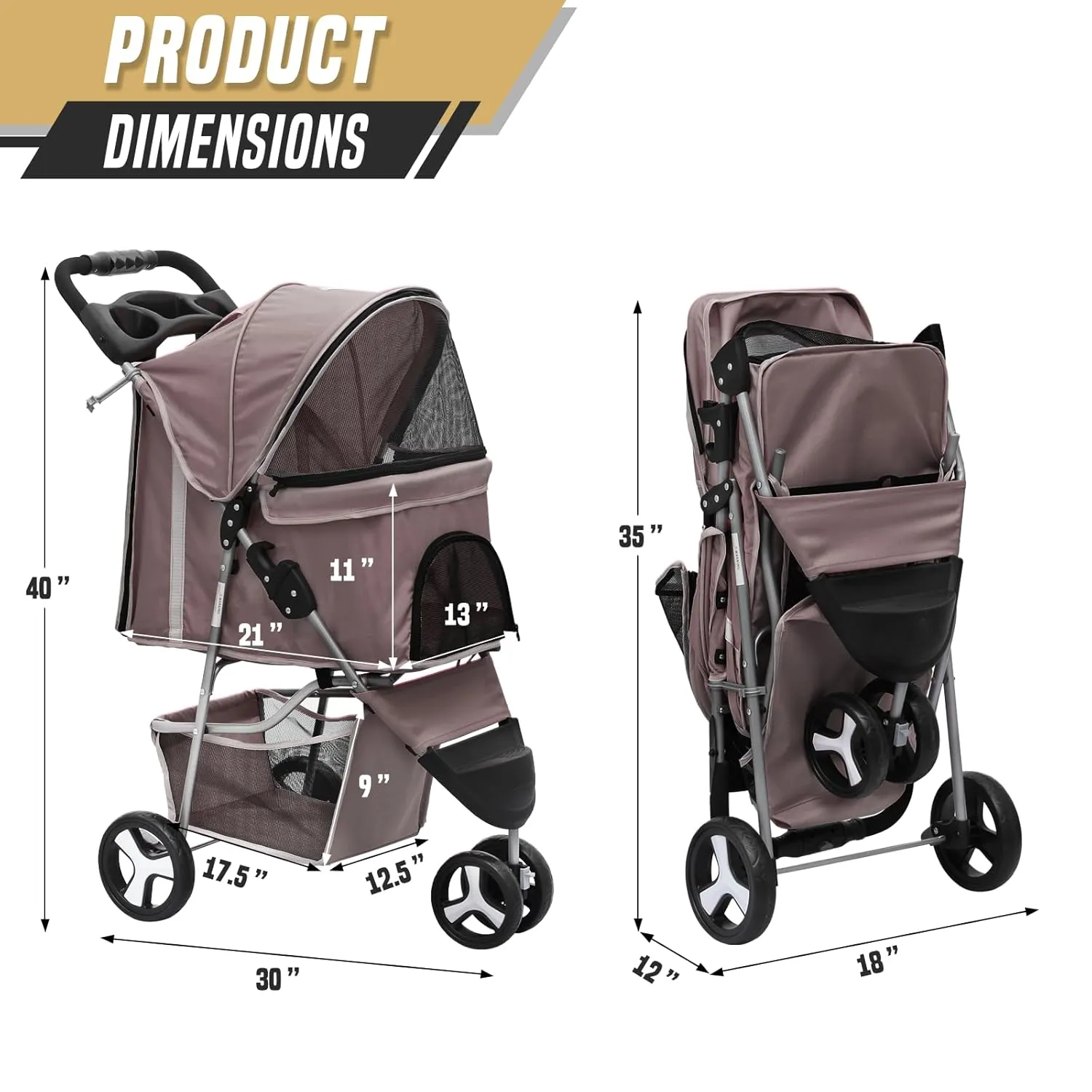 Cat Dog Stroller - 3-Wheels for Medium/Puppy Dogs 30 Lbs, Cats - Foldable With Storage Basket, Cup Holder, Breathable Mesh - Coffee