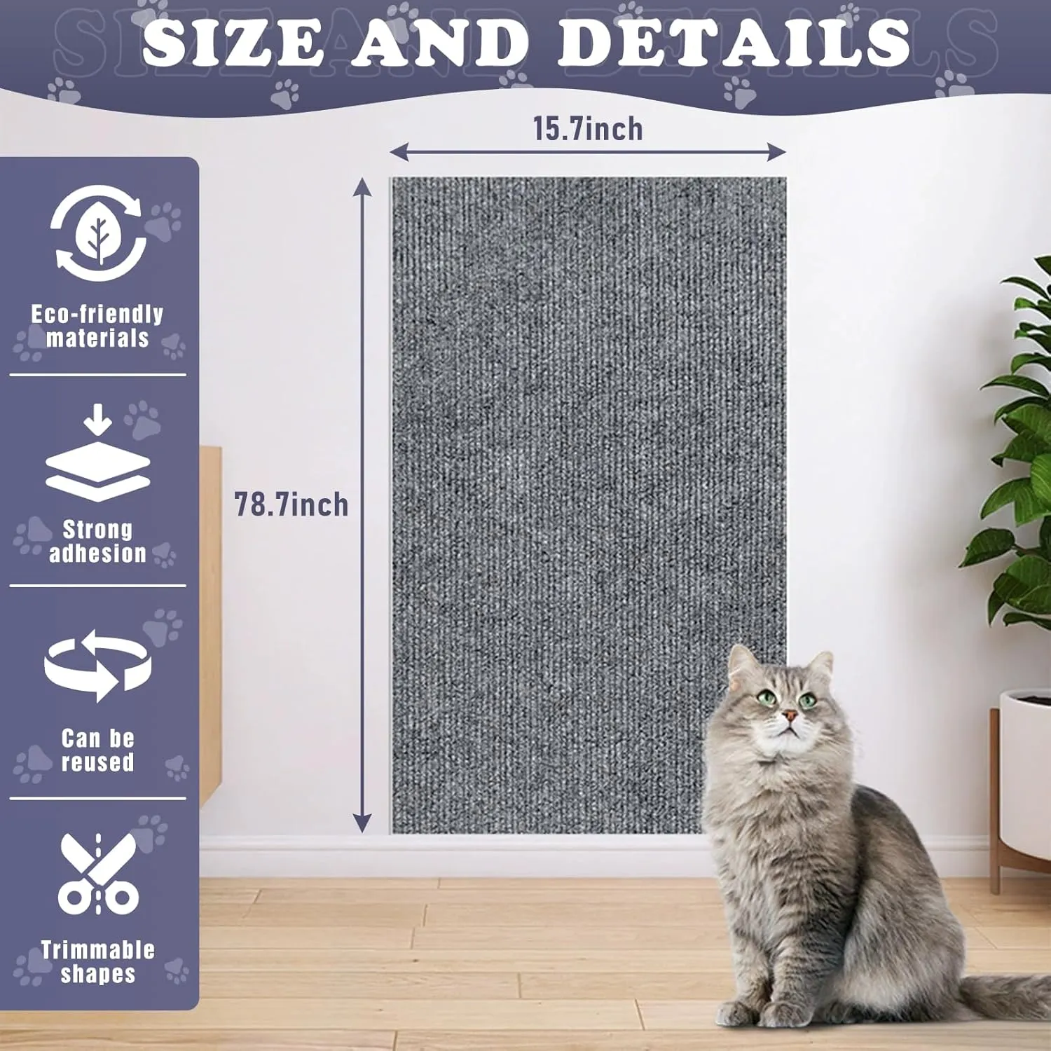 Cat Scratching Furniture Protector Self Adhesive Trimmable Protective Sofa Carpet Leather Furniture Pad Replacement for Cat Tree Shelves DIY Pet Scratch Protector (Light Grey, 15.7"x78.7")