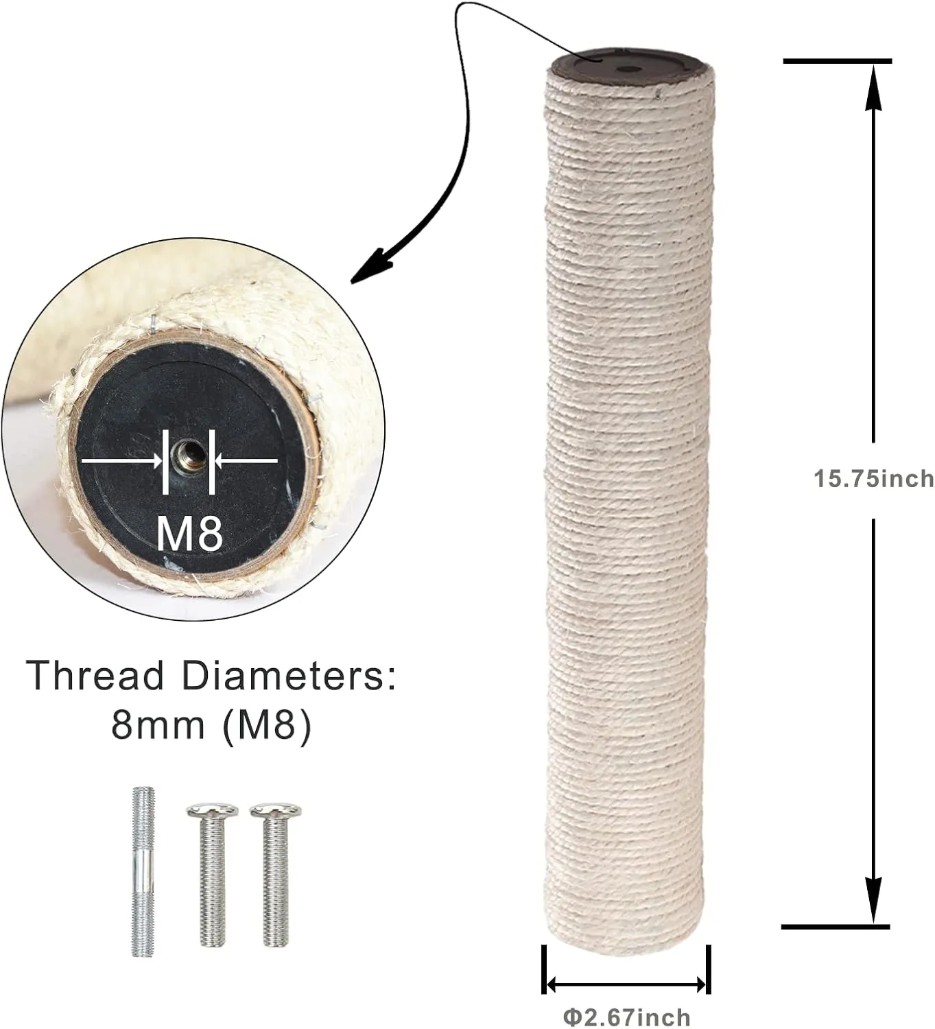 Cat Scratching Post Replacement 2 Pack Cat Tree Refill Pole with M8 Screw Sisal Scratch Post Replacement Parts and Extension Post
