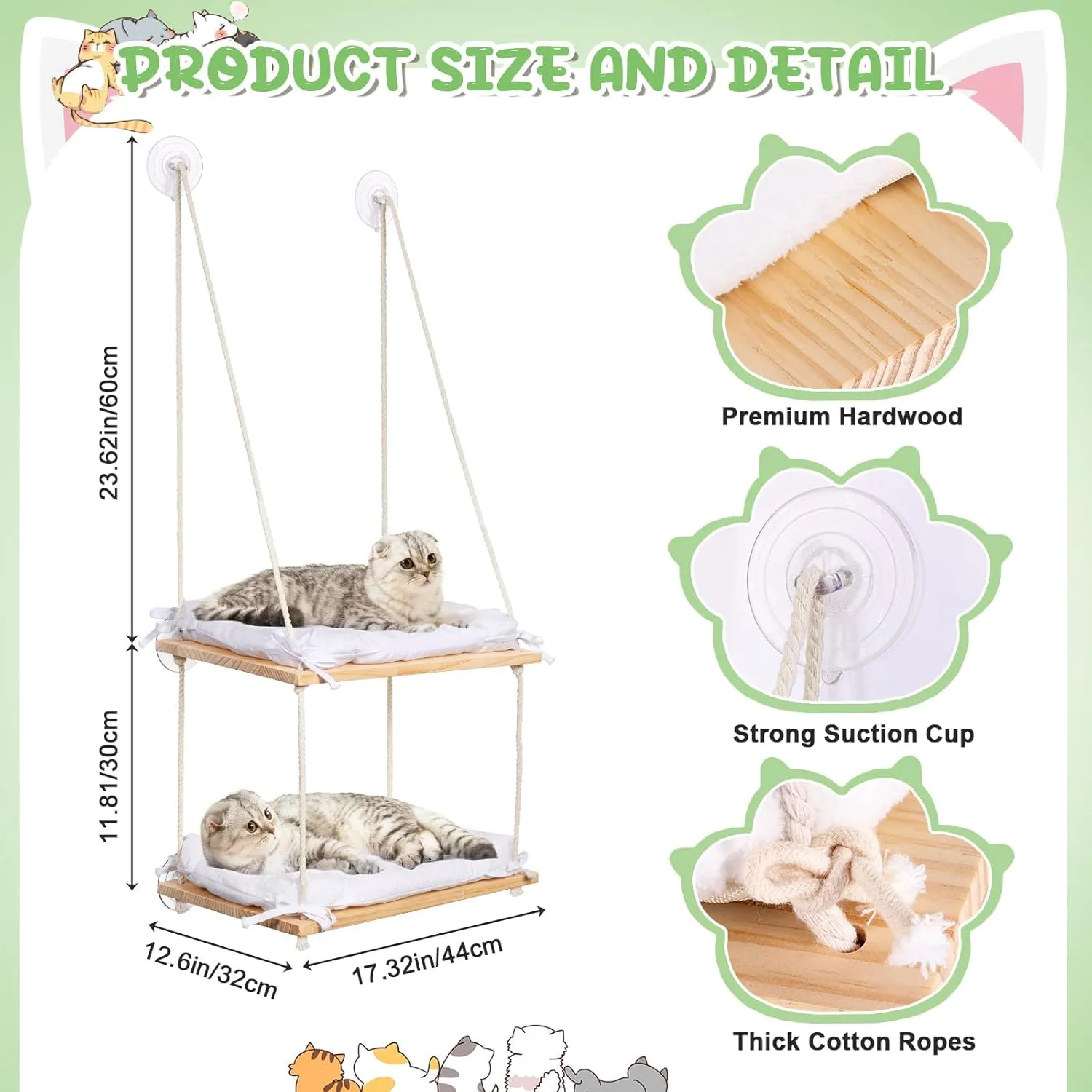Cat Window Perch - Hammock with Cushion Bed & Solid Wood Seat - Strong Suction Cups - Indoor Hanging Window Shelf for Cats & Kittens (2-Layer)