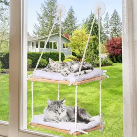 Cat Window Perch - Hammock with Cushion Bed & Solid Wood Seat - Strong Suction Cups - Indoor Hanging Window Shelf for Cats & Kittens (2-Layer)