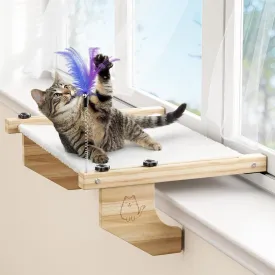 Cat Window Perch Large - 21.7'' Cats Window Hammock/Bed with Feather Toy, Premium Hardwood and Robust Metal Straight Rod Frame for Windowsill, Bedside, Drawer and Cabinet