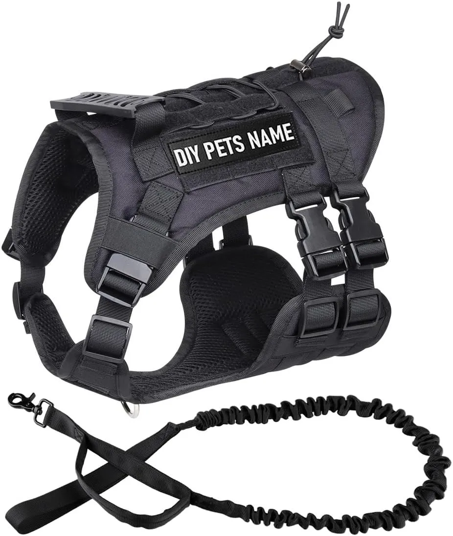 DIY Dog's Name Custom Dog Harness Leash Set, Personalized No Pull Dog Vest, Tactical Military Dog Harness & Retractable Leash, Outdoor Training Gear for Medium & Large Dogs (Black, M)