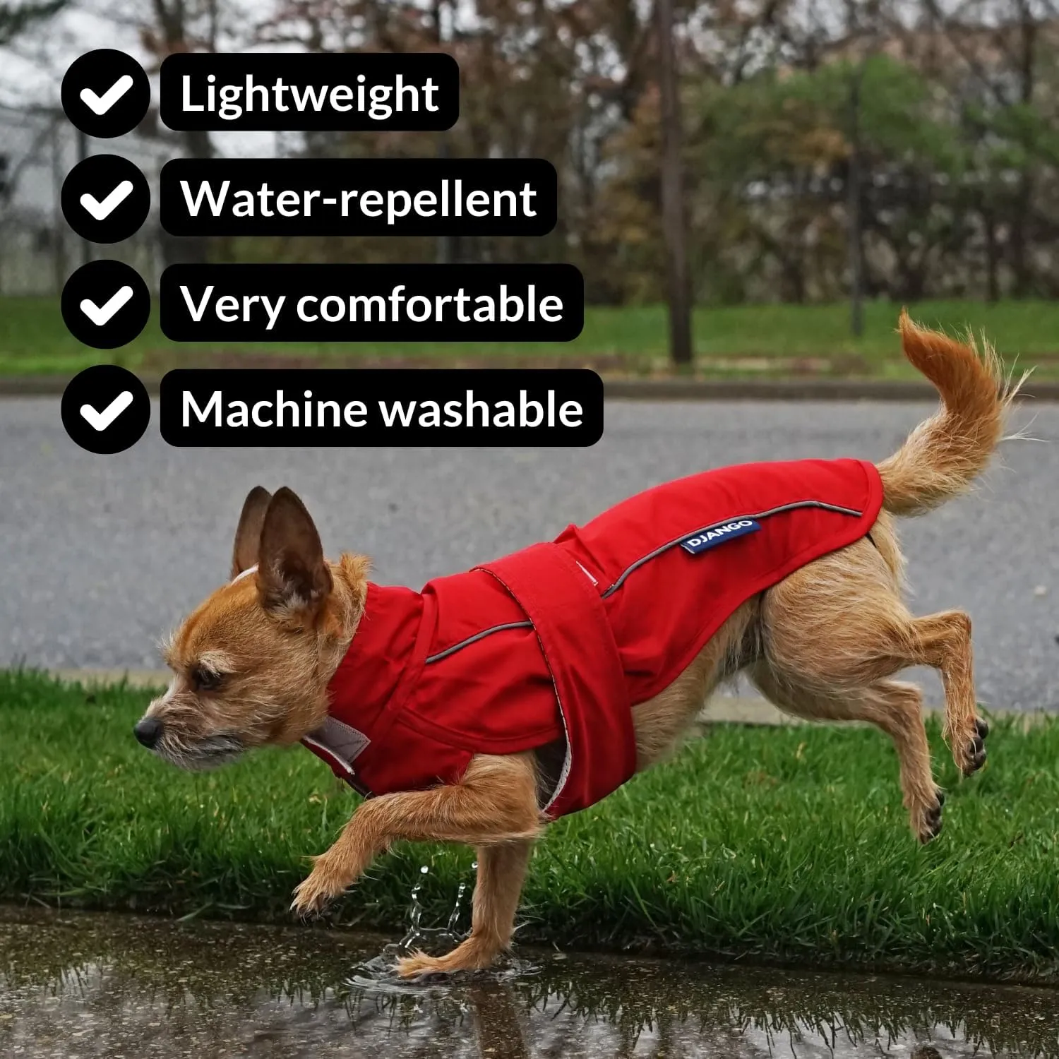 DJANGO City Slicker Waterproof Dog Raincoat and Lightweight Jacket for Long Dogs - Full Coverage Puppy Coat and Reflective Rain Slicker and Windbreaker - Adjustable with Harness Hole (Red, Small)