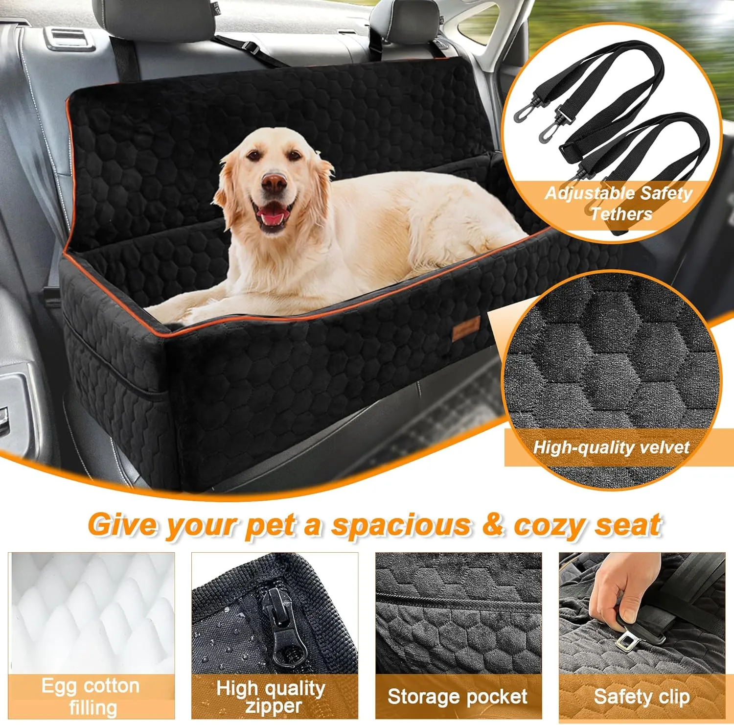 Dog Car Seat for Large Dogs Under 100LBS,Pet Booster Back Seat Removable Washable Pet Travel Safety with Safety Tethers & Storage Pocket (Black)