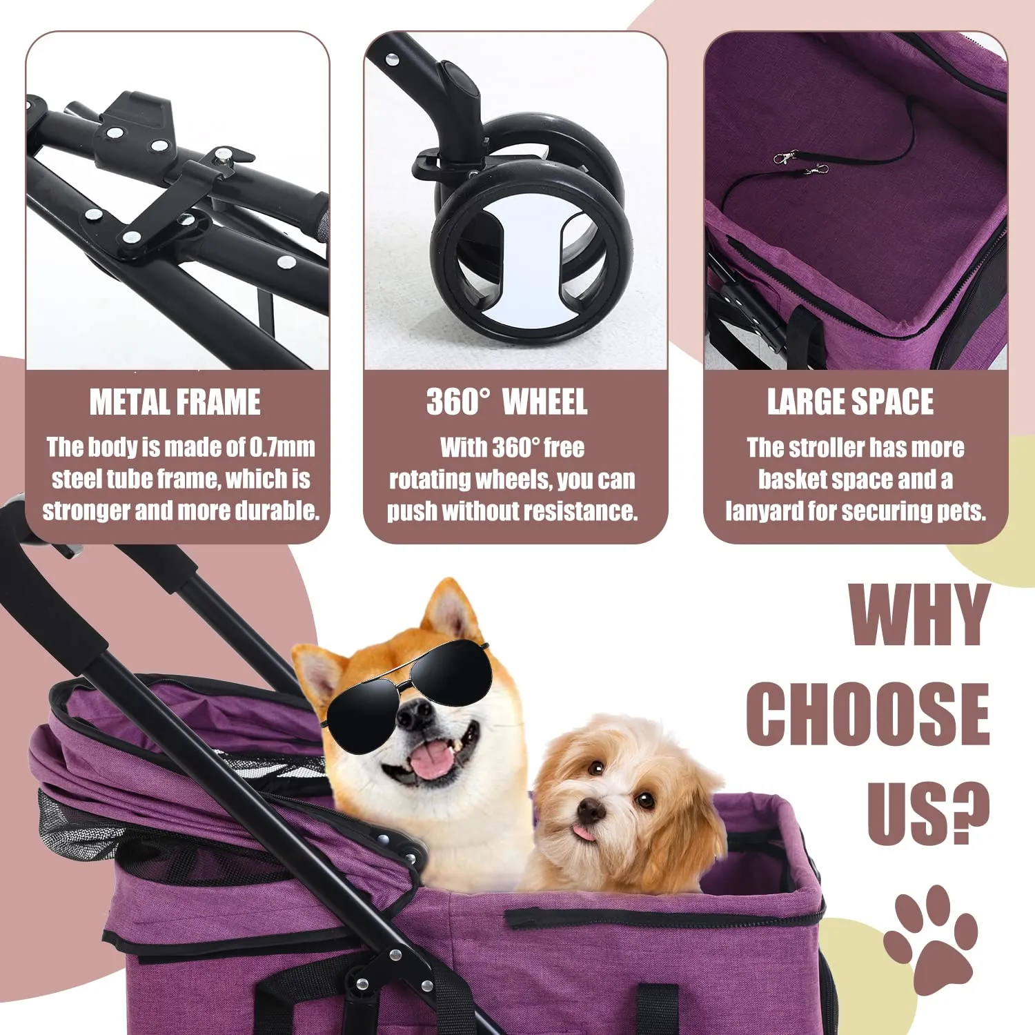 Dog Stroller Cat Pet stoller 3-in-1 Folding for Small Medium Dogs Cats with Detachable Carrier Storage Basket Waterproof Lightweight Travel,Purple, 3 Wheels, 7.0 kilograms