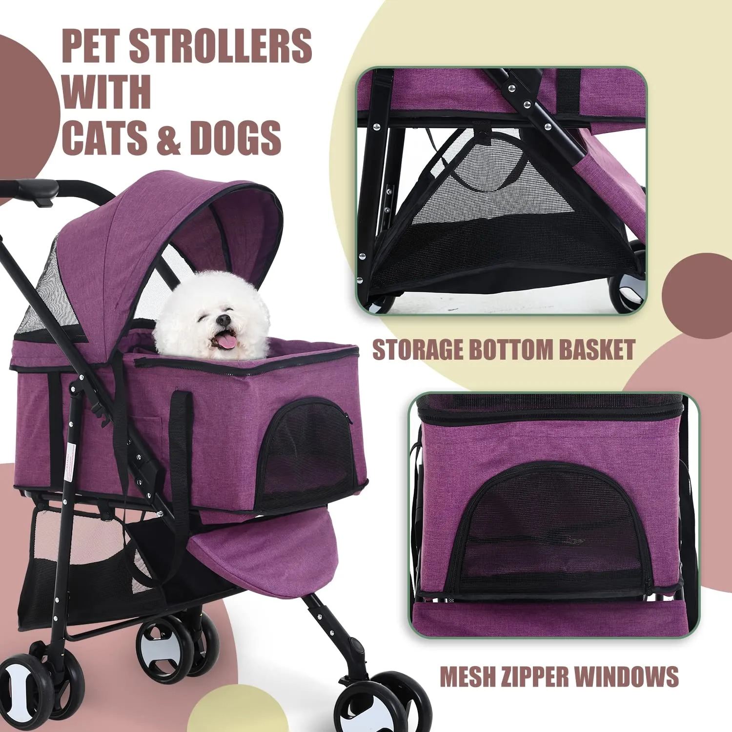 Dog Stroller Cat Pet stoller 3-in-1 Folding for Small Medium Dogs Cats with Detachable Carrier Storage Basket Waterproof Lightweight Travel,Purple, 3 Wheels, 7.0 kilograms