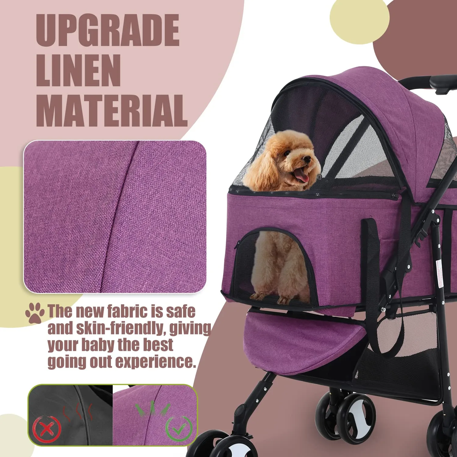 Dog Stroller Cat Pet stoller 3-in-1 Folding for Small Medium Dogs Cats with Detachable Carrier Storage Basket Waterproof Lightweight Travel,Purple, 3 Wheels, 7.0 kilograms
