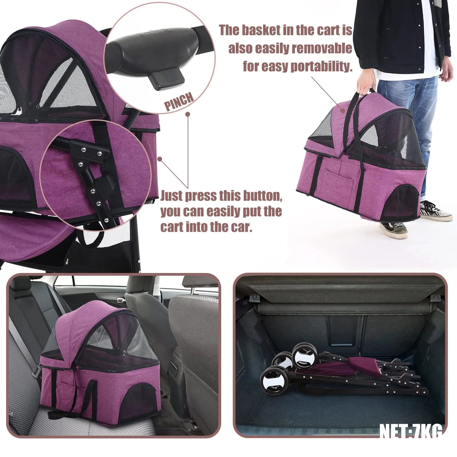 Dog Stroller Cat Pet stoller 3-in-1 Folding for Small Medium Dogs Cats with Detachable Carrier Storage Basket Waterproof Lightweight Travel,Purple, 3 Wheels, 7.0 kilograms